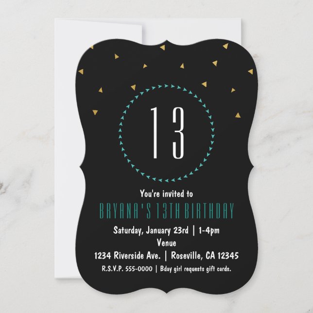 Invitación de fiesta moderna con triángulos dorado (Anverso)