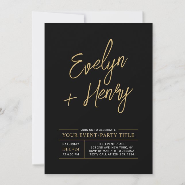 Invitación de fiesta moderna de oro y negro para c (Anverso)