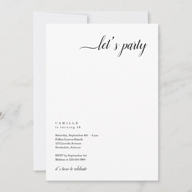 Invitación de fiesta moderna y Minimalista (Anverso)