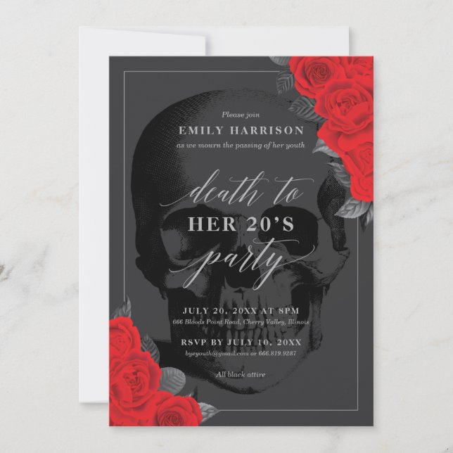 Invitación de fiesta 'Muerte a tus 20' con rosas r (Anverso)