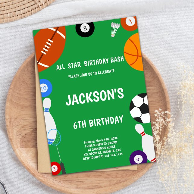 Invitación de Fiesta multideportivo de estrellas p (Green Sports Birthday Invitations)