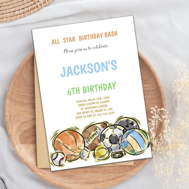 Invitación de Fiesta multideportivo para niños con (Watercolor shake Sports Birthday Invitations)