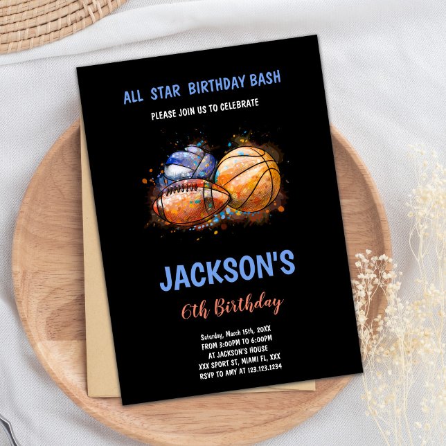 Invitación de Fiesta multideportivo para niños edi (Paint Black Sports Birthday Invitations)