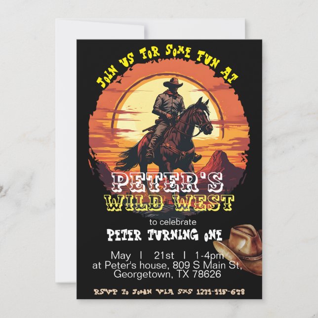 Invitación de fiesta naranja Wild West (Anverso)