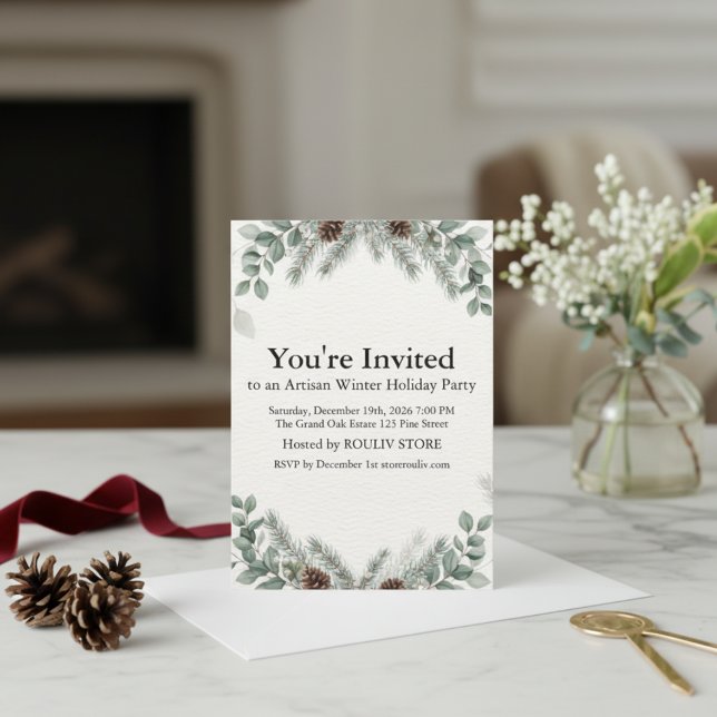 Invitación de fiesta navideña botánica de invierno (Winter Botanical Ivory Holiday Party Invitation)