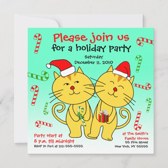 Invitación de fiesta navideña Candy Cane Cats (Anverso)