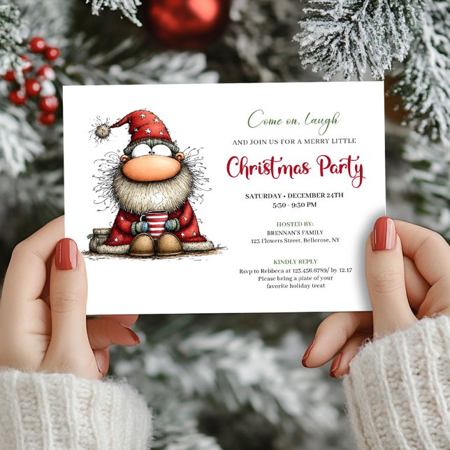 Invitación de fiesta navideña caprichosa de Santa  (Whimsical Santa Hand Drawn Holiday Party Invite)