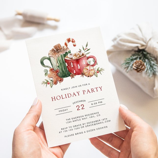 Invitación de fiesta navideña con acuarela (Festive Holiday Party Invitation | Watercolor Cookies, Cocoa & Greenery by Painted Paperie)