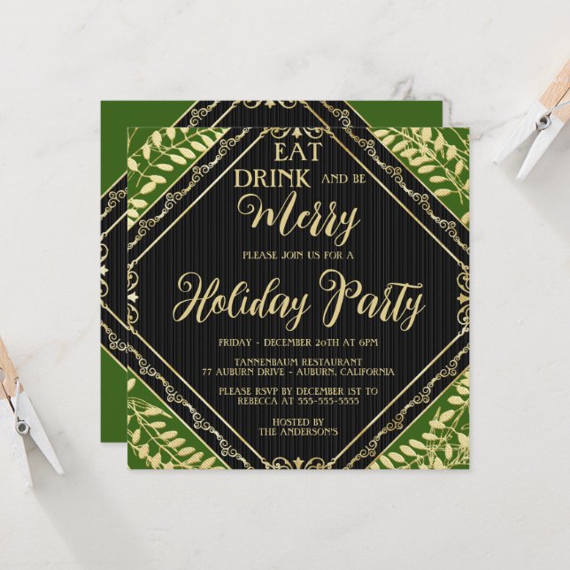 Invitación de fiesta navideña con corona dorada y  (Anverso/Reverso In Situ)