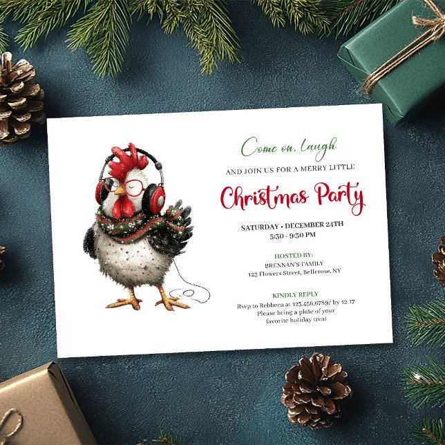 Invitación de fiesta navideña con gallinas extrava (Quirky Chickens Red Green Holiday Party Invitation)