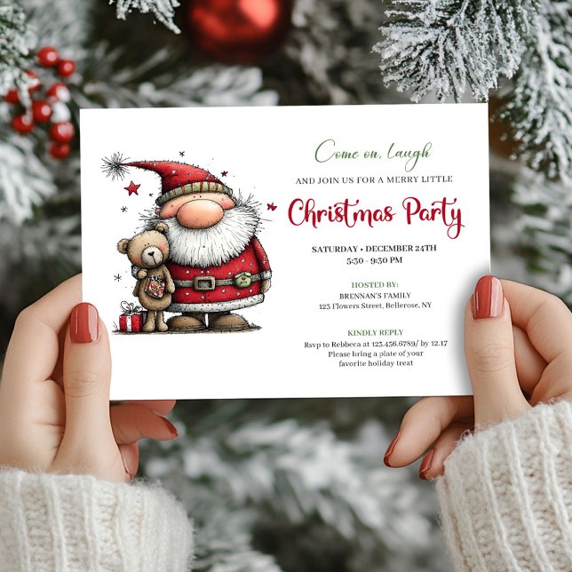Invitación de fiesta navideña de Papá Noel de dibu (Whimsical Cartoon Santa Claus Holiday Party Invite)