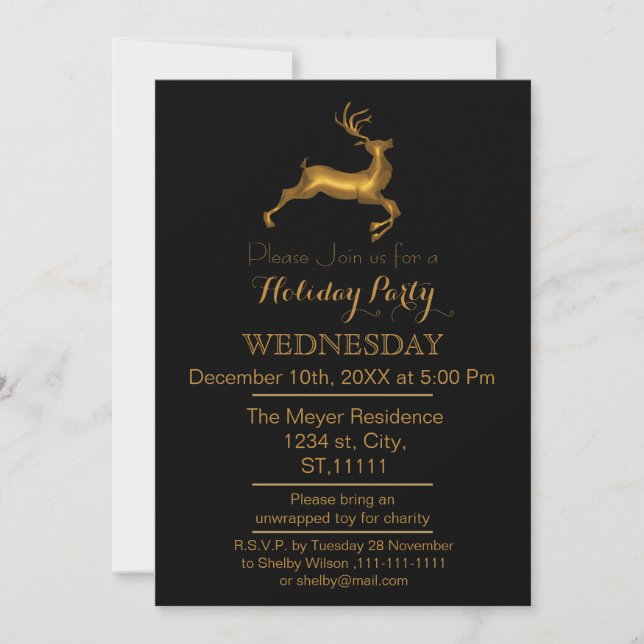 Invitación de fiesta navideña de Reno negro y dora (Anverso)