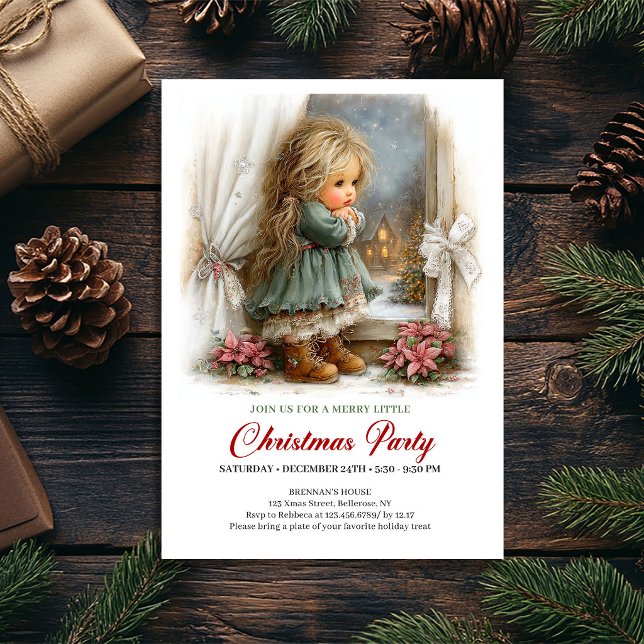 Invitación de fiesta navideña encantadora para chi (Charming Christmas Scene Girl Festive Party Invite

)
