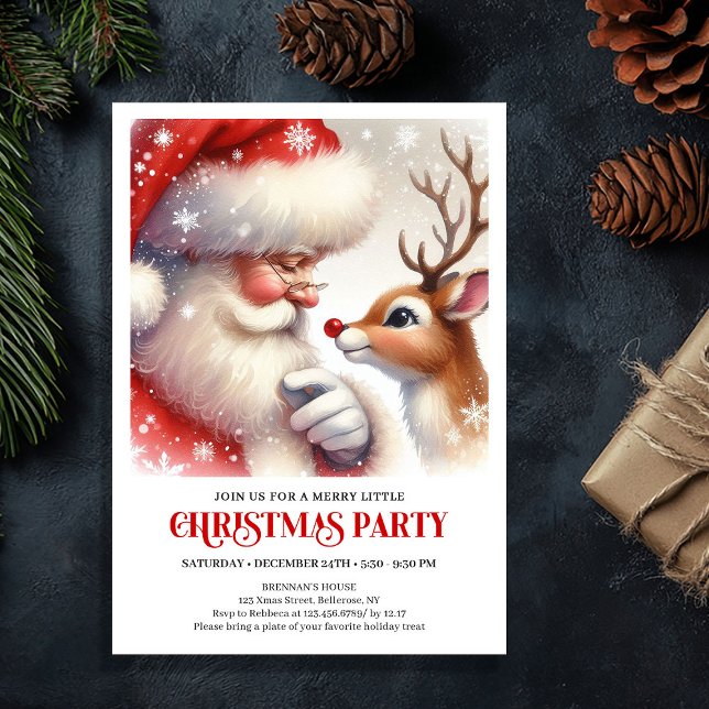 Invitación de fiesta navideña familiar con Santa R (Cute Santa Rudolph Family Holiday Party Invite)