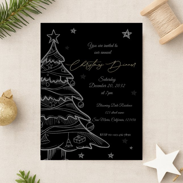 Invitación de fiesta navideña negra (Black Christmas Tree Holiday Party Invitation Postcard)