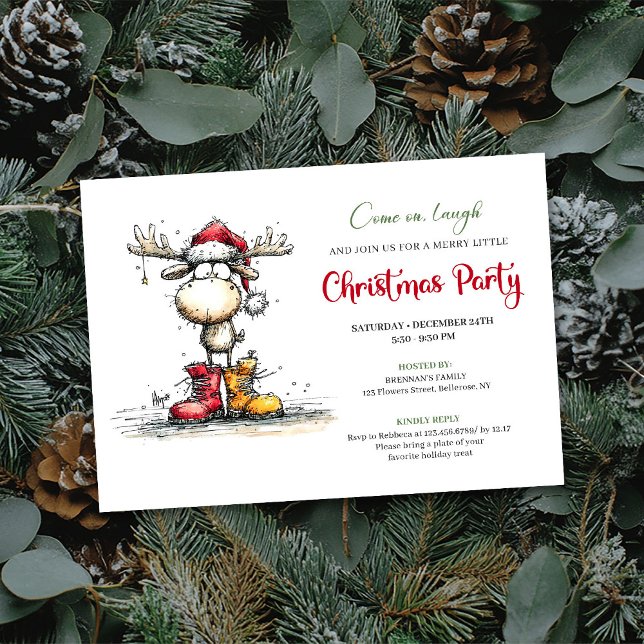 Invitación de fiesta navideña Quirky Reindeer Fest (Quirky Reindeer Festive Red Green Party Invite)