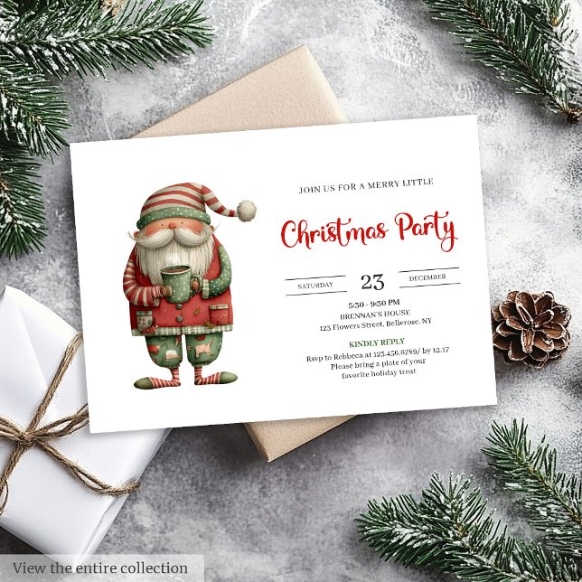 Invitación de fiesta navideña roja verde trendy de (Quirky Santa Trendy Red Green Holiday Party Invitation

)