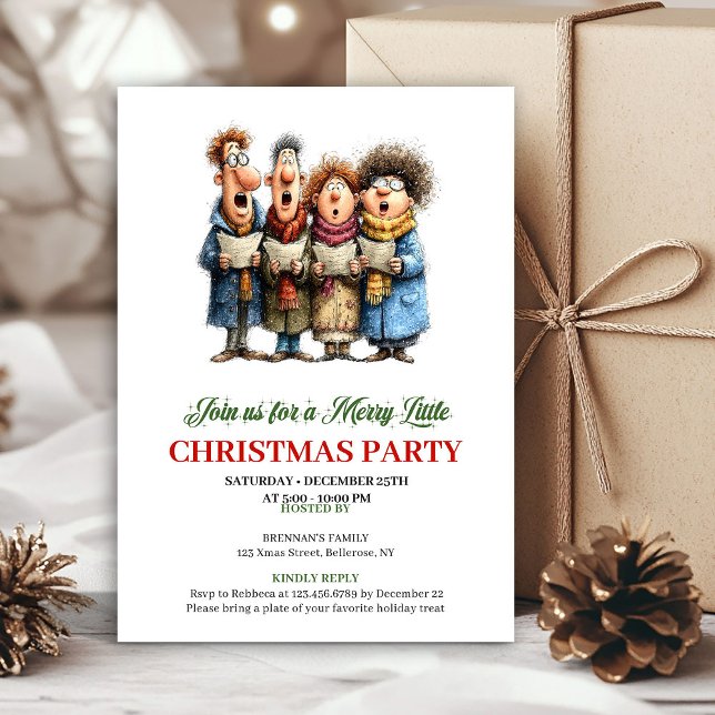Invitación de fiesta navideña roja y verde para fa (Quirky Family Red Green Holiday Party Invitation)