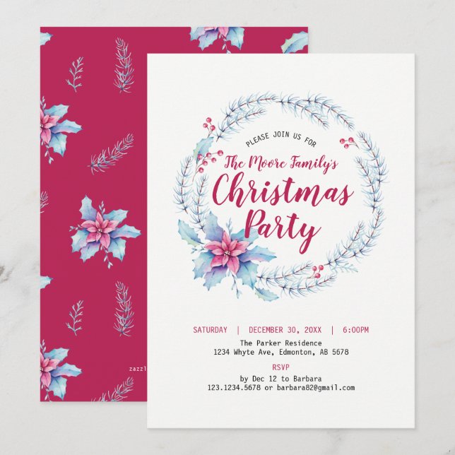 Invitación de fiesta navideña / vacaciones florale (Anverso / Reverso)