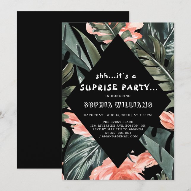 Invitación de Fiesta negro con sorpresas florales  (Anverso / Reverso)
