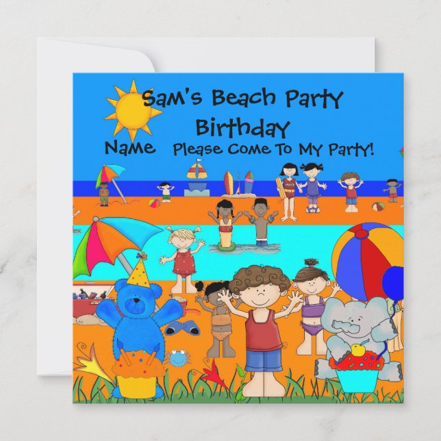 Invitación de fiesta Niños Chicas de Birthday Beac (Anverso)