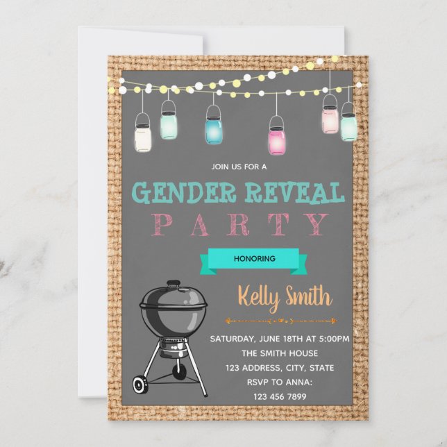 Invitación de fiesta para revelar el género de Bbq (Anverso)