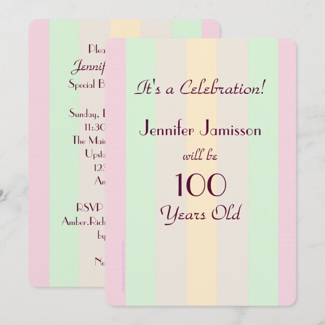 Invitación de Fiesta Pastel Stripe de 100 años (Anverso / Reverso)