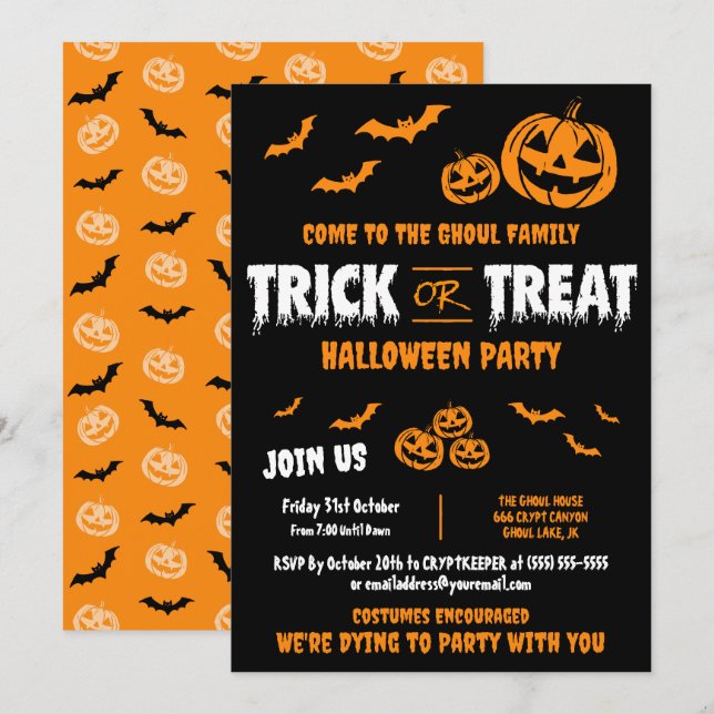 Invitación de fiesta personalizable de Truco o tra (Anverso / Reverso)