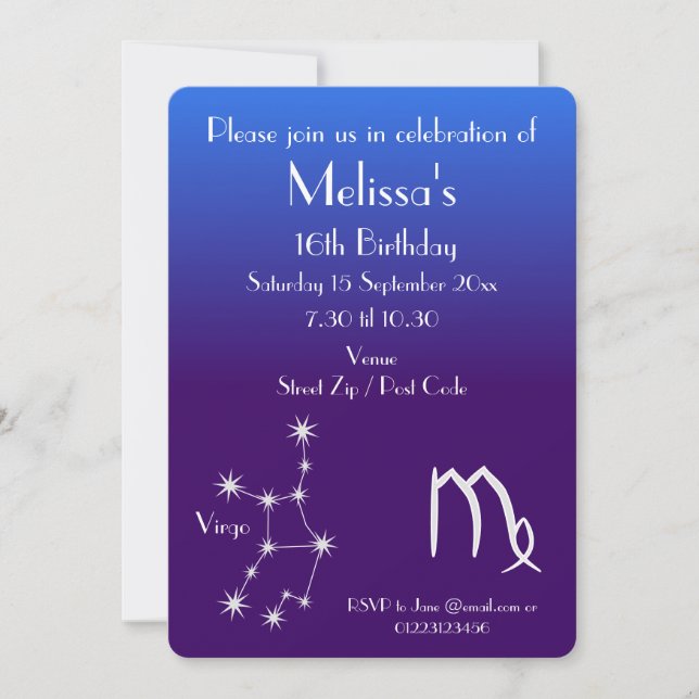 Invitación de fiesta personalizada de Zodiaco Virg (Anverso)