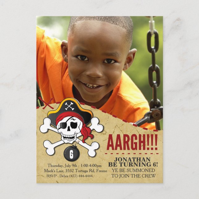Invitación de fiesta pirata temática para niños (Anverso)