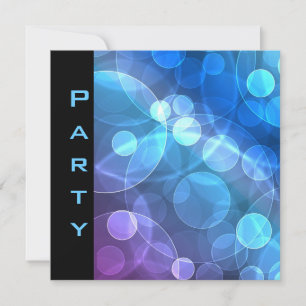 Invitación de fiesta plumas negro azul burbujas