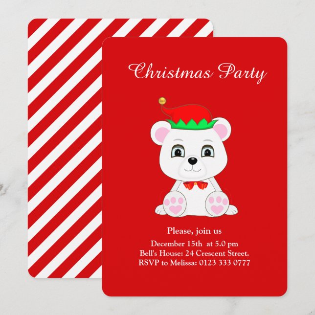Invitación de fiesta polar de Navidad en rojo con  (Anverso / Reverso)
