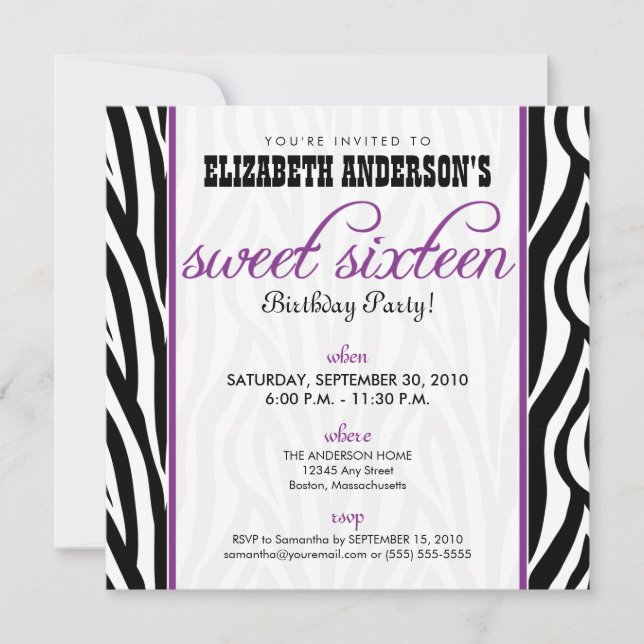 Invitación de fiesta (púrpura) de dulces de cebra (Anverso)