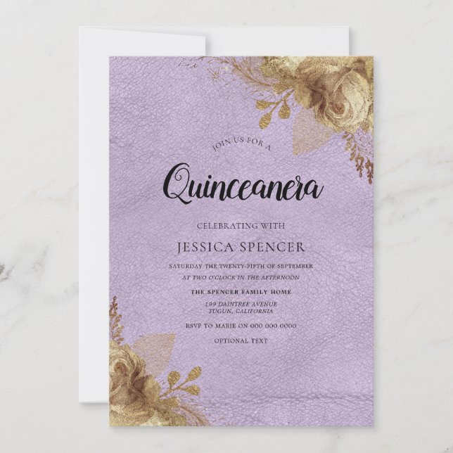 Invitación de Fiesta Quinceanera con flores morada (Anverso)