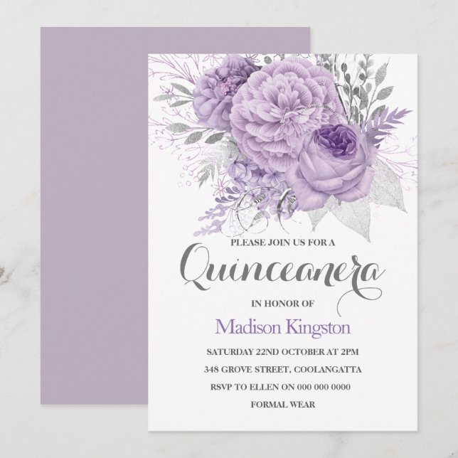 Invitación de Fiesta Quinceanera de lavanda con es (Anverso / Reverso)