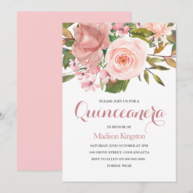 Invitación de Fiesta Quinceanera Rosa Gold y Rubor (Anverso / Reverso)