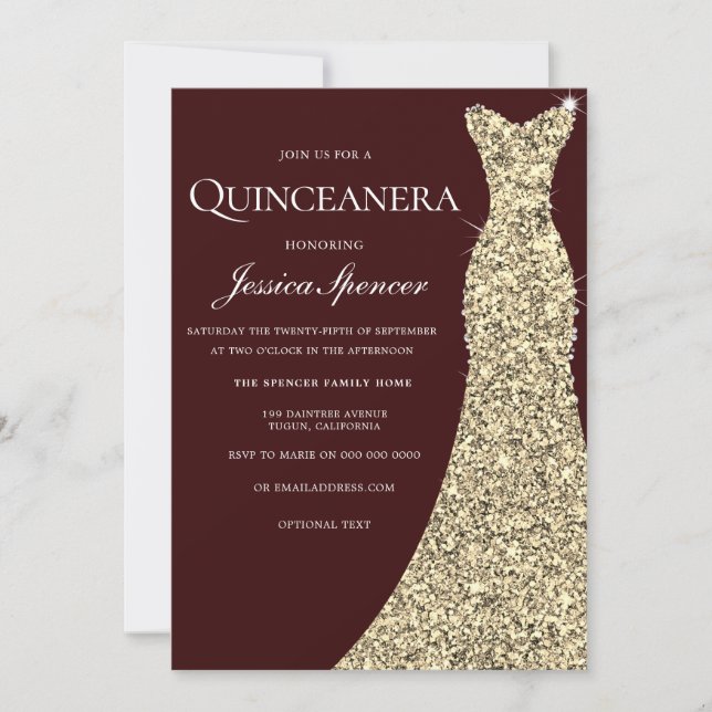 Invitación de Fiesta Quinceanera, vestido de oro d (Anverso)