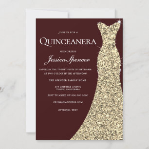 Invitación de Fiesta Quinceanera, vestido de oro d