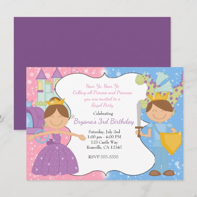 Invitación de fiesta real del castillo de princesa (Anverso / Reverso)
