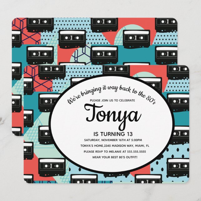 Invitación de fiesta retro de casete de los 80 y 9 (Anverso / Reverso)
