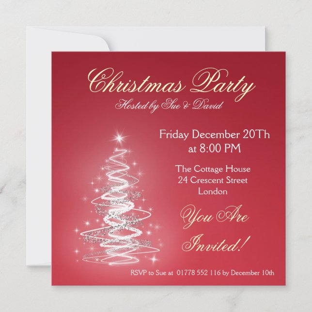 Invitación de fiesta roja con árbol de Navidad (Anverso)