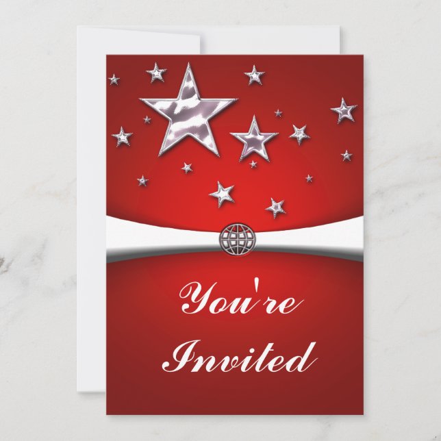 Invitación de fiesta roja de estrellas de plata (Anverso)