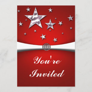 Invitación de fiesta roja de estrellas de plata
