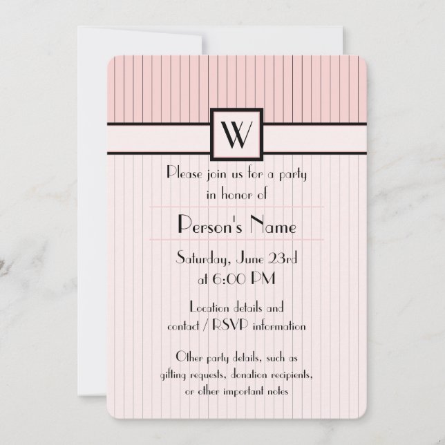 Invitación de fiesta rosa con rayas negras (Anverso)