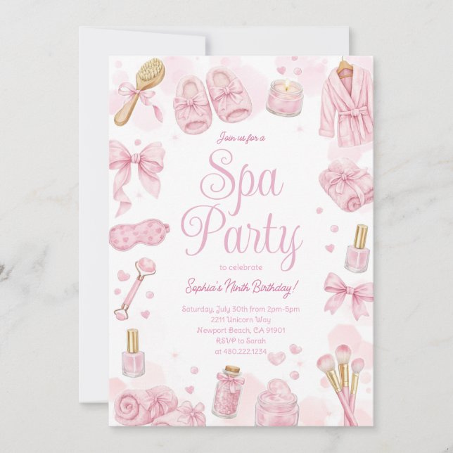 Invitación de fiesta rosa día de spa de belleza (Anverso)