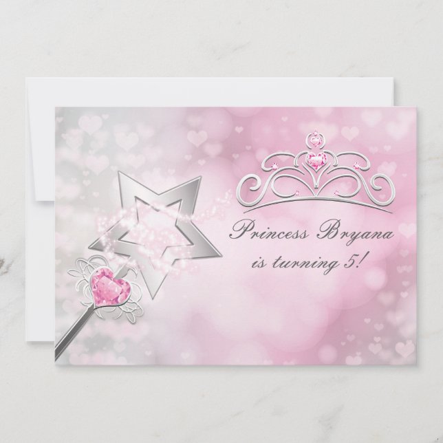 Invitación de fiesta rosa plateada de varita y cor (Anverso)