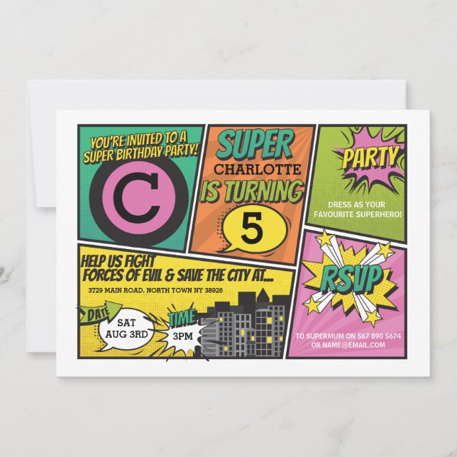 Invitación de Fiesta rosado a superhéroe de chica (Anverso)