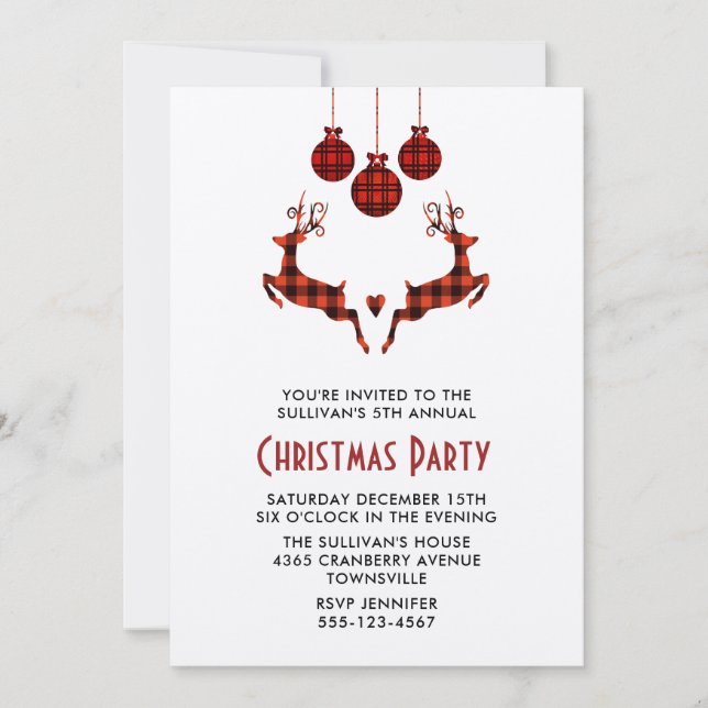 Invitación de fiesta rústica de 2 renos de Navidad (Anverso)