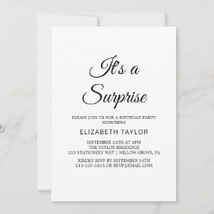 Invitación de fiesta sorpresa con caligrafía negra