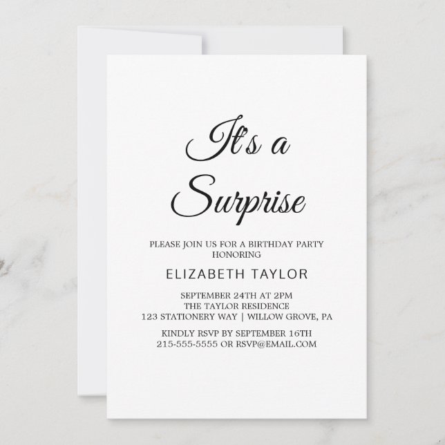 Invitación de fiesta sorpresa con caligrafía negra (Anverso)